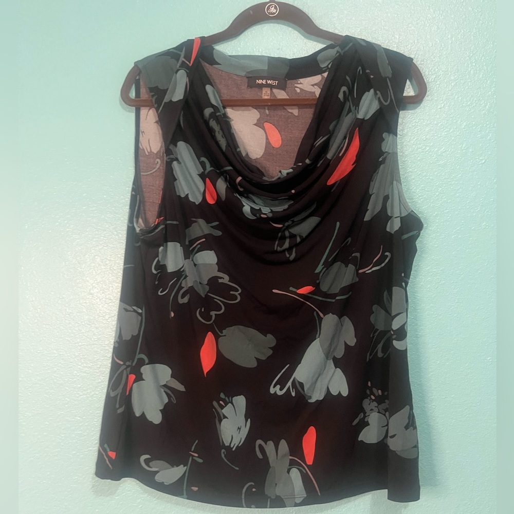 Nine West Black Sleeveless Cowl Neck Floral Print Top with Red Accents